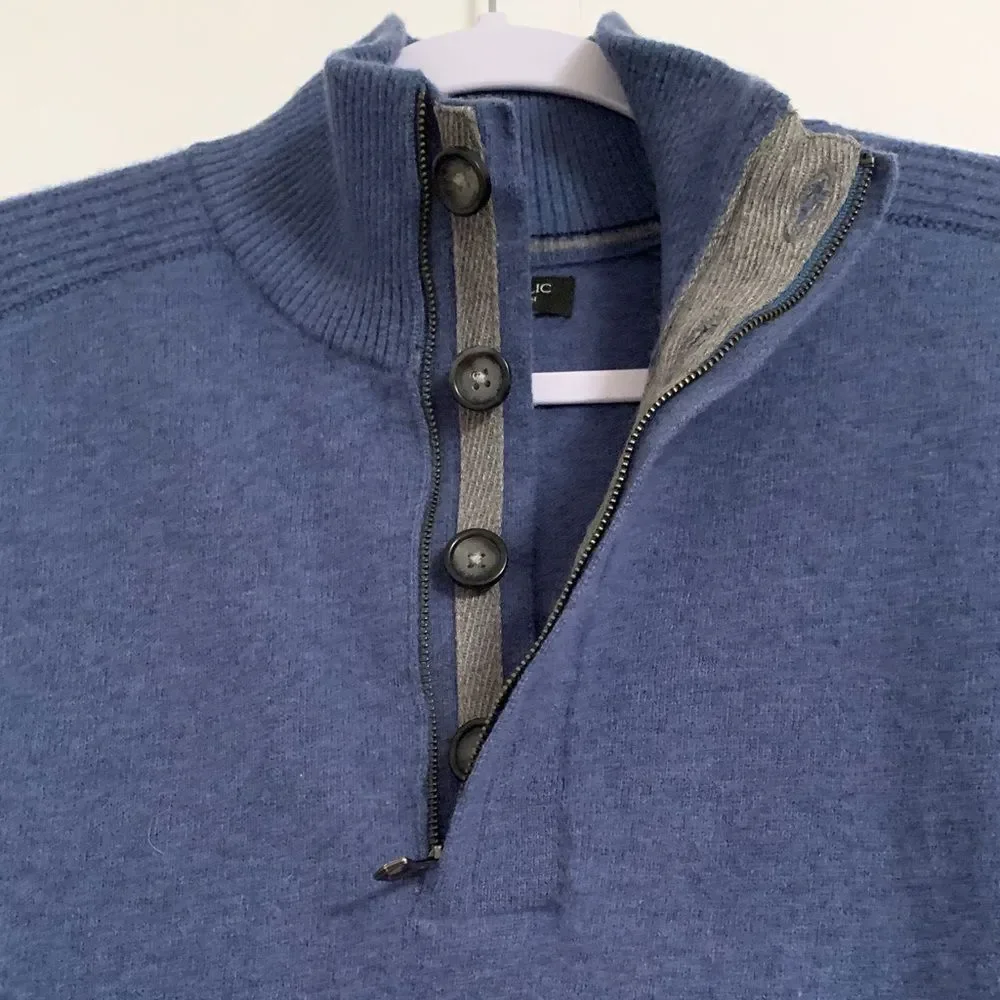 Banana Republic Men's Wool Blue Sweater with 3/4 Zip and Button Collar Size XL